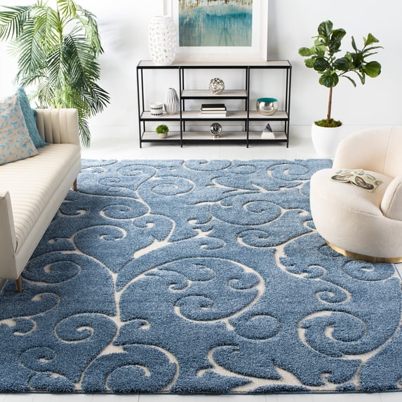SAFAVIEH Florida Doug Floral Vines Geometric Shag Area Rug, Light Blue/Cream, 8'6" x 12' - Large - Transitional Modern Design, Light Blue & Cream, Non-Shedding & Easy Cleaning, Ultra Plush Thick Pile