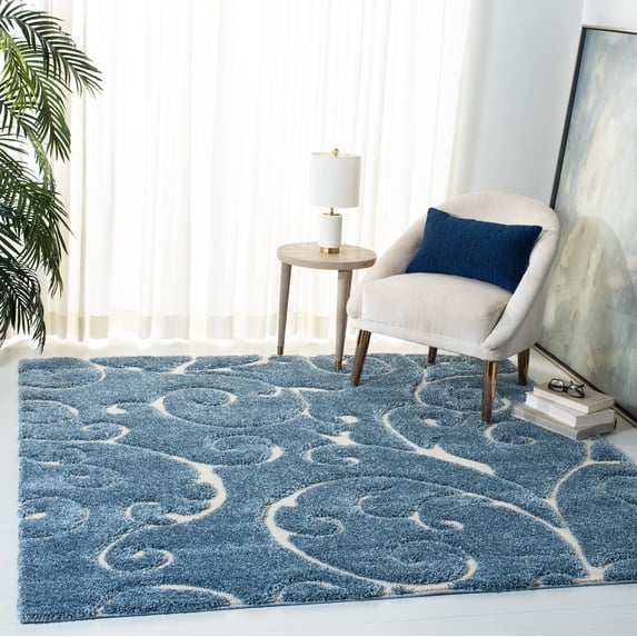 SAFAVIEH Florida Doug Floral Vines Geometric Shag Area Rug, Light Blue/Cream, 9' x 9' Square - Large - Transitional Modern Design, Light Blue & Cream, Non-Shedding & Easy Cleaning, Ultra Plush Thick