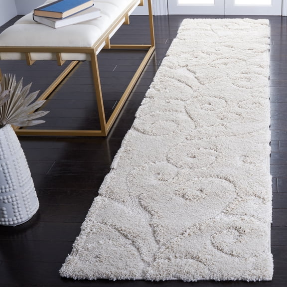 SAFAVIEH Florida Doug Floral Vines Geometric Shag Runner Rug, Creme, 2'3" x 15' - Transitional Modern Design, Creme & Creme, Non-Shedding & Easy Cleaning, Ultra Plush Thick Pile, Ideal for Living Roo