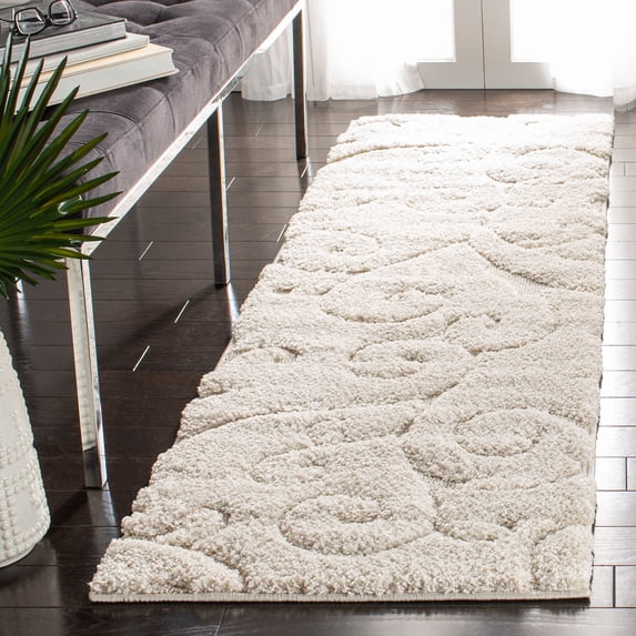 SAFAVIEH Florida Doug Floral Vines Geometric Shag Runner Rug, Creme, 2'3" x 5' - Transitional Modern Design, Creme & Creme, Non-Shedding & Easy Cleaning, Ultra Plush Thick Pile, Ideal for Living Room