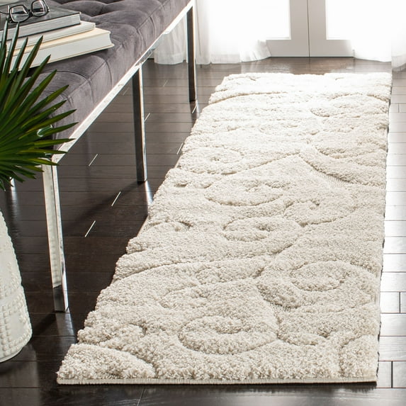 SAFAVIEH Florida Doug Floral Vines Geometric Shag Runner Rug, Creme, 2'3" x 7' - Transitional Modern Design, Creme & Creme, Non-Shedding & Easy Cleaning, Ultra Plush Thick Pile, Ideal for Living Room