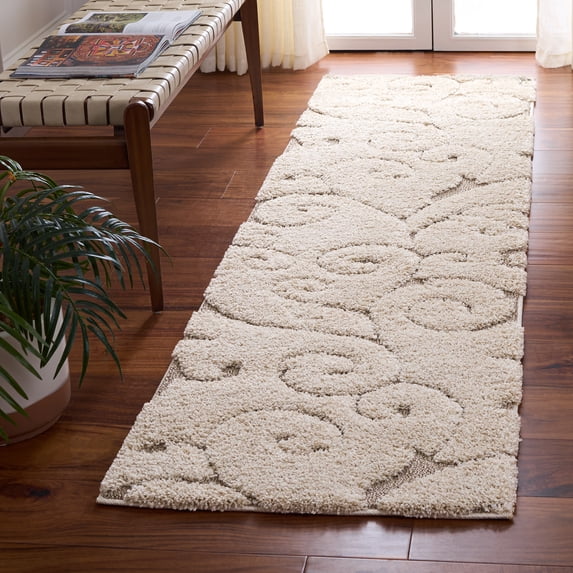 SAFAVIEH Florida Doug Floral Vines Geometric Shag Runner Rug, Cream/Beige, 2'3" x 19' - Transitional Modern Design, Cream & Beige, Non-Shedding & Easy Cleaning, Ultra Plush Thick Pile, Ideal for Livi
