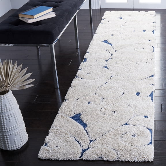 SAFAVIEH Florida Doug Floral Vines Geometric Shag Runner Rug, Cream/Blue, 2'3" x 13' - Transitional Modern Design, Cream & Blue, Non-Shedding & Easy Cleaning, Ultra Plush Thick Pile, Ideal for Living