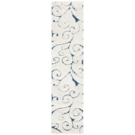 SAFAVIEH Florida Doug Floral Vines Geometric Shag Runner Rug, Cream/Blue, 2'3" x 15'