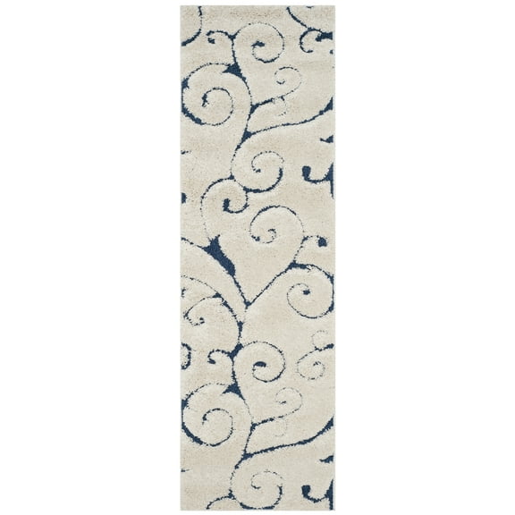 SAFAVIEH Florida Doug Floral Vines Geometric Shag Runner Rug, Cream/Blue, 2'3" x 7' - Transitional Modern Design, Cream & Blue, Non-Shedding & Easy Cleaning, Ultra Plush Thick Pile, Ideal for Living