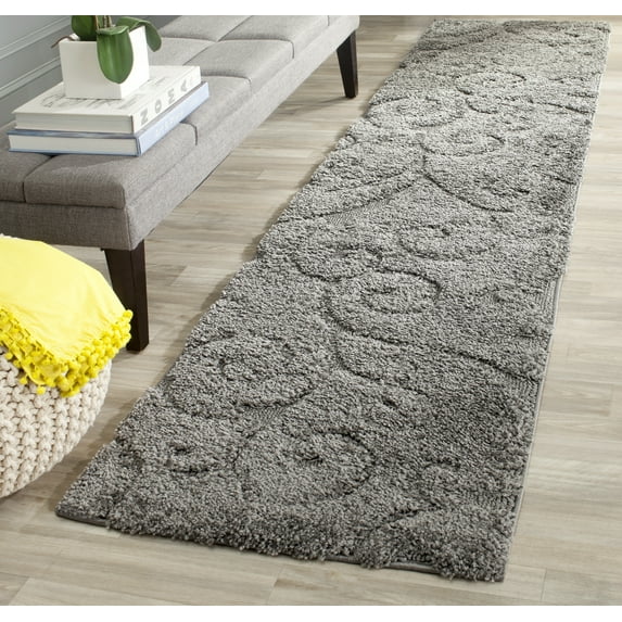 SAFAVIEH Florida Doug Floral Vines Geometric Shag Runner Rug, Grey, 2'3" x 19' - Transitional Modern Design, Grey, Non-Shedding & Easy Cleaning, Ultra Plush Thick Pile, Ideal for Living Room, Bedroom
