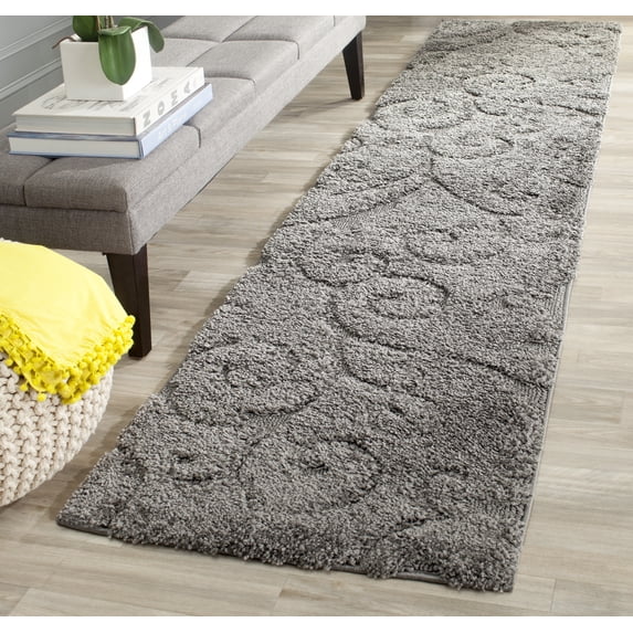 SAFAVIEH Florida Doug Floral Vines Geometric Shag Runner Rug, Grey, 2'3" x 9' - Transitional Modern Design, Grey, Non-Shedding & Easy Cleaning, Ultra Plush Thick Pile, Ideal for Living Room, Bedroom
