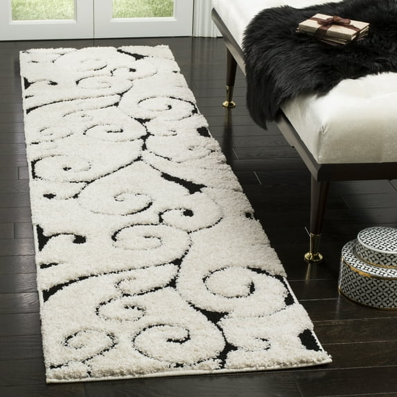 SAFAVIEH Florida Doug Floral Vines Geometric Shag Runner Rug, Ivory/Black, 2'3" x 19' - Transitional Modern Design, Ivory & Black, Non-Shedding & Easy Cleaning, Ultra Plush Thick Pile, Ideal for Livi