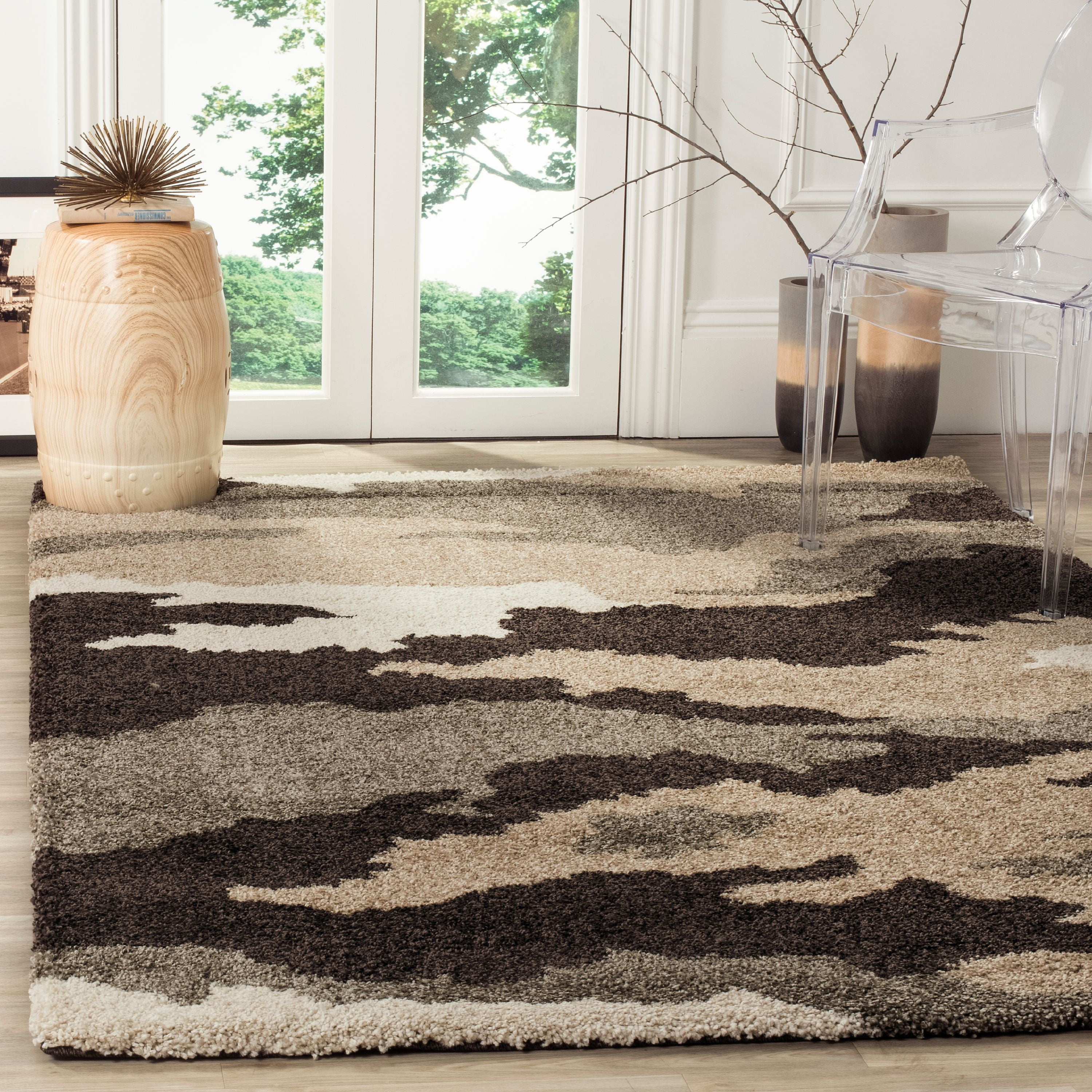 Luxurious Gray Square Shag Area Rug, Hand-Knotted Synthetic 5'x5'