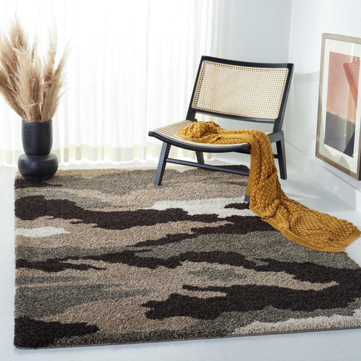 Luxurious Gray Square Shag Area Rug, Hand-Knotted Synthetic 5'x5'