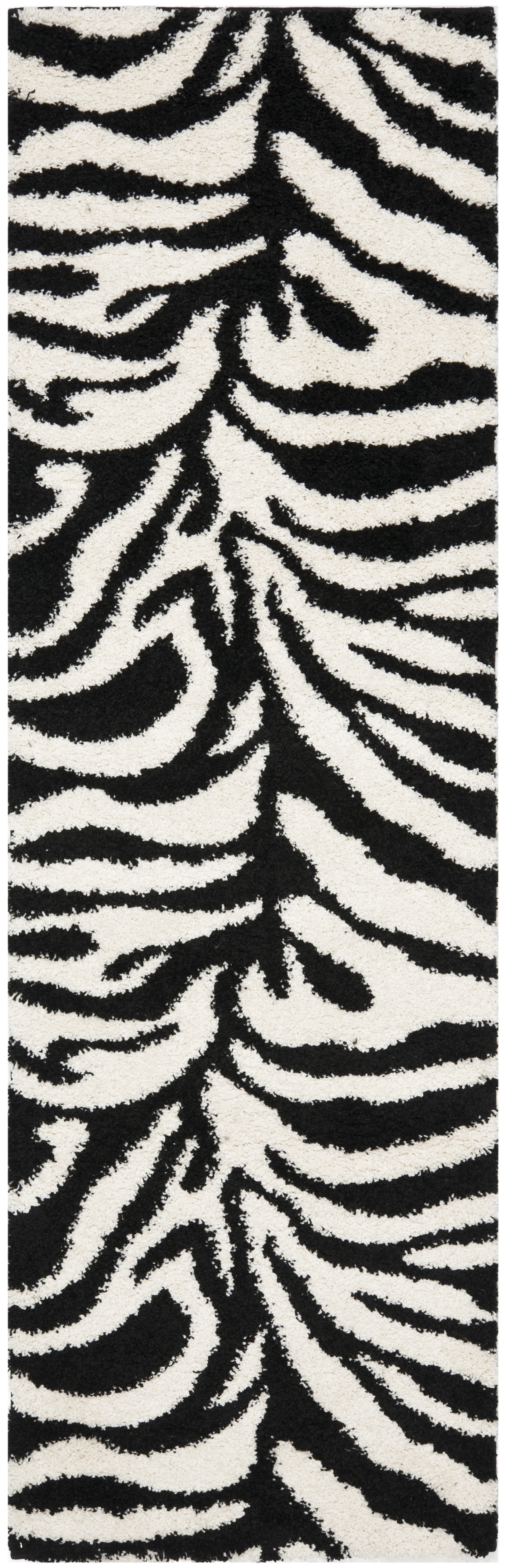 Ivory and Black Stripe Hand-Knotted Shag Runner Rug 2'3" x 11'