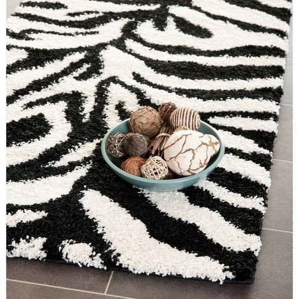 Black and Ivory Zebra Print Shag Runner Rug 2'3" x 7'