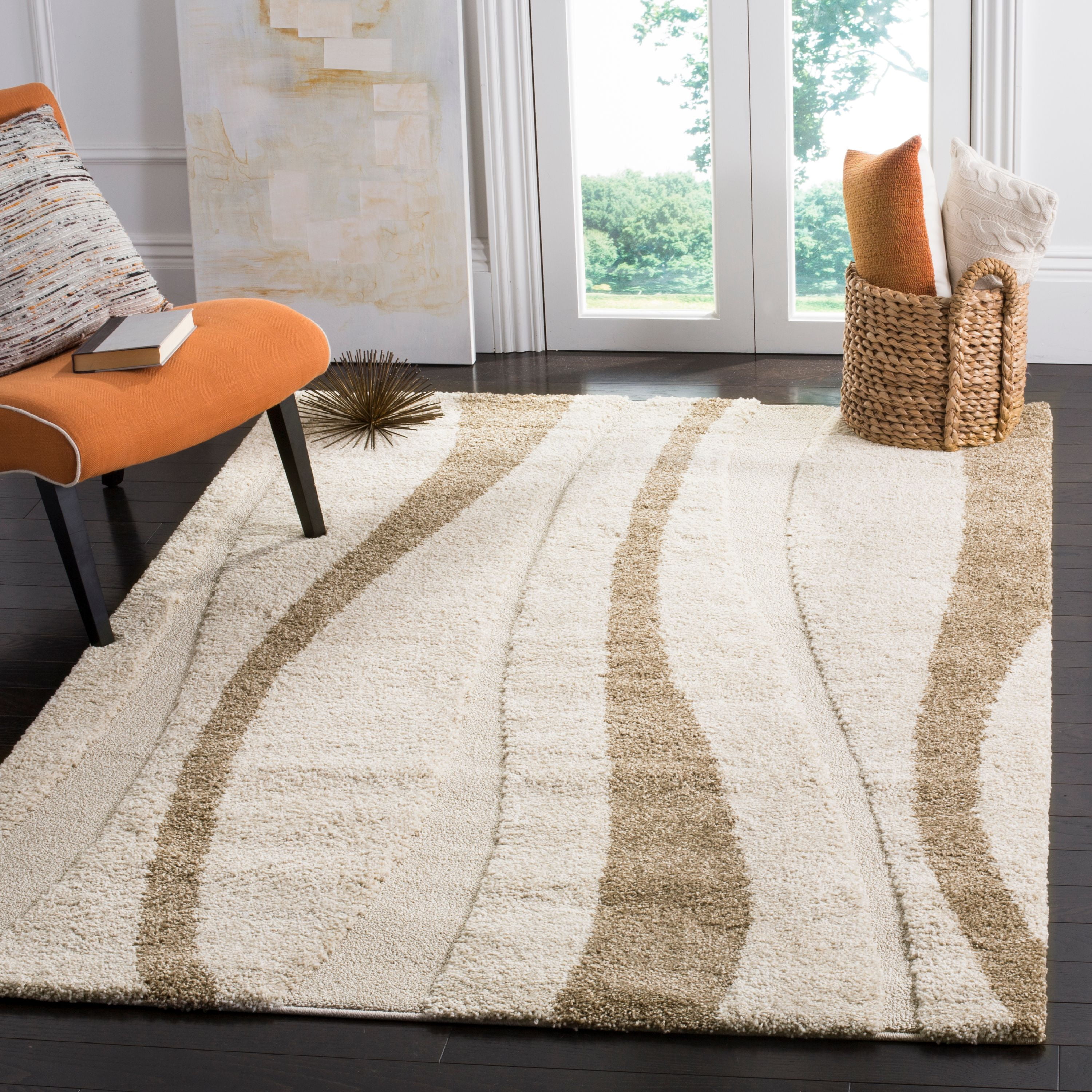 Elegant Cream & Dark Brown Plush Shag Area Rug 6ft x 9ft