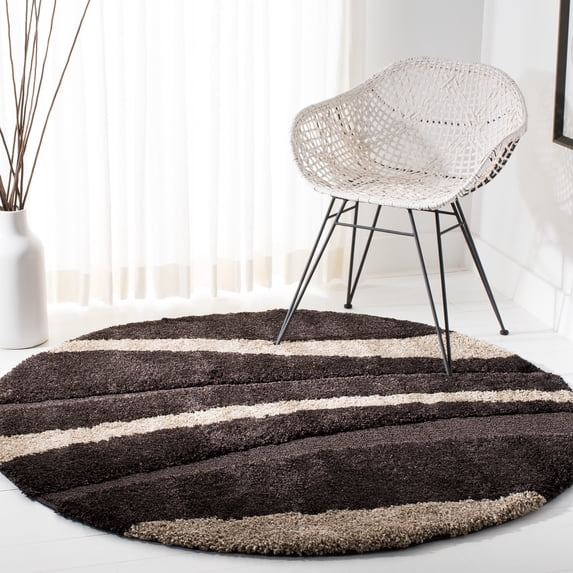 SAFAVIEH Florida Ellen Abstract Shag Area Rug, Dark Brown/Beige, 5' x 5' Round