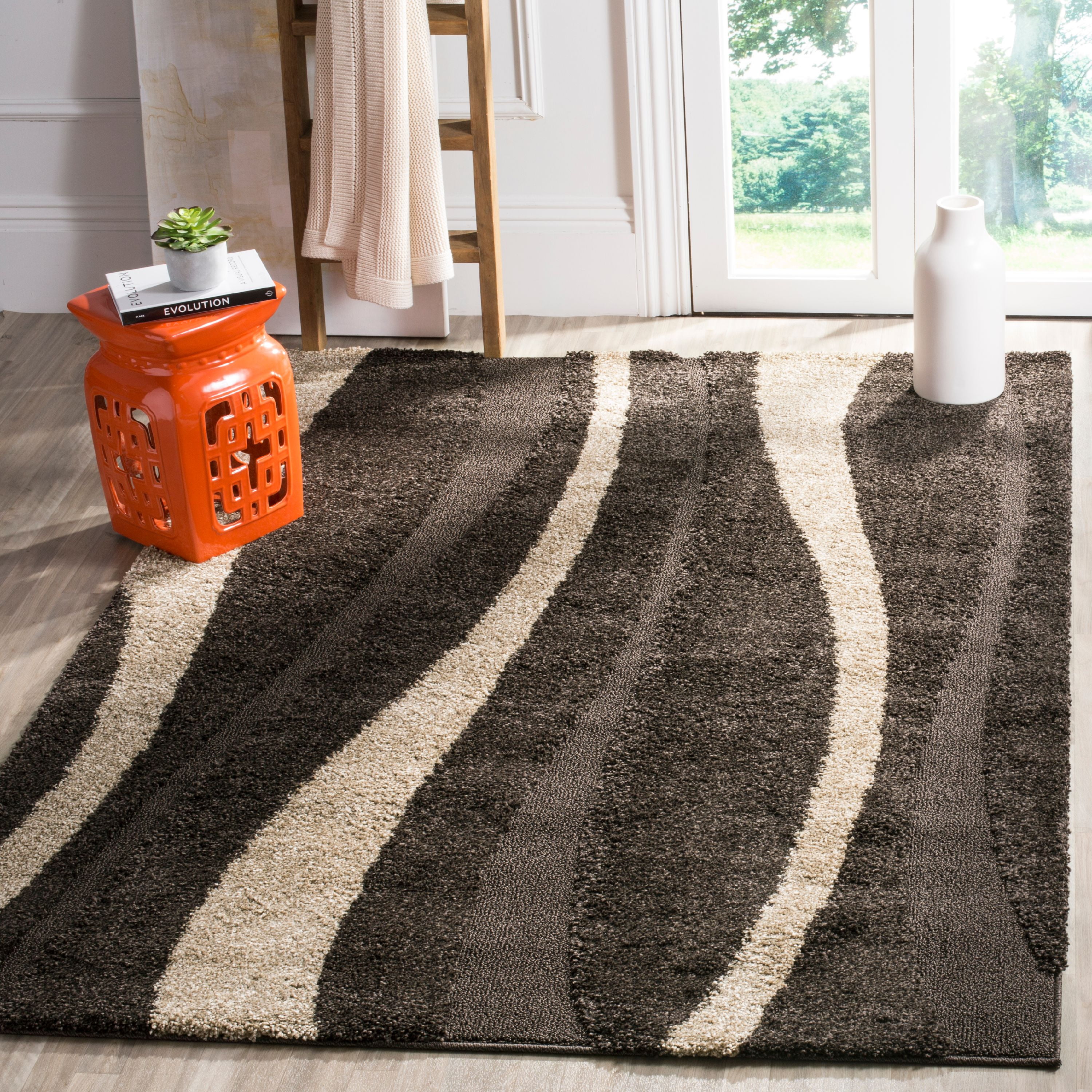 Luxurious Dark Brown and Beige Square Shag Rug, 5' x 5'