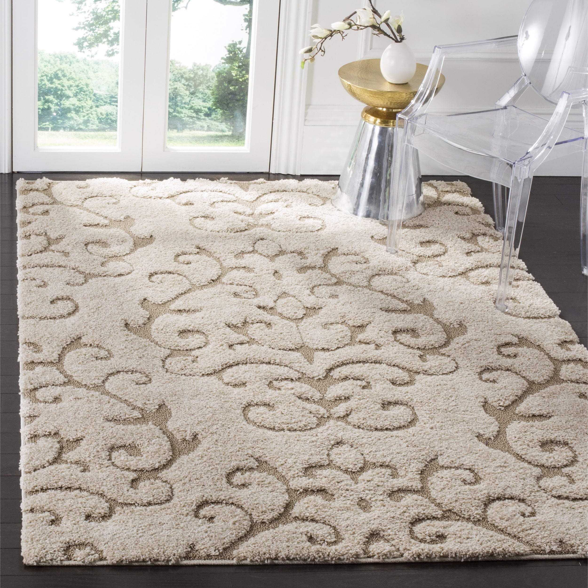 Cream Beige Rectangular Hand-knotted Shag Area Rug