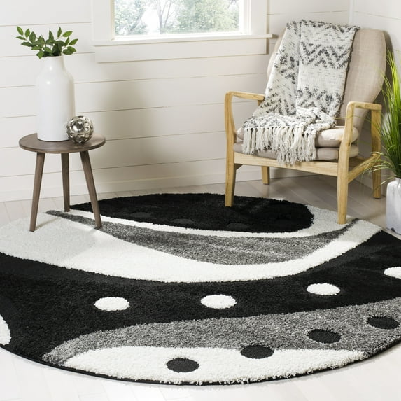 SAFAVIEH Florida Laidley Geometric Shag Area Rug, Black/Ivory, 4' x 4' Round