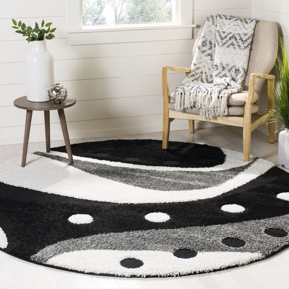 SAFAVIEH Florida Laidley Geometric Shag Area Rug, Black/Ivory, 5' x 5' Round
