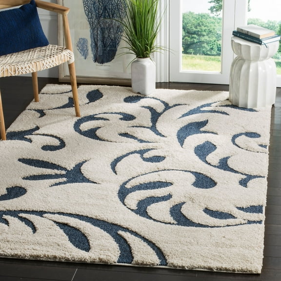 SAFAVIEH Florida Lavonne Floral Plush Shag Area Rug, Cream/Blue, 3'3" x 5'3"