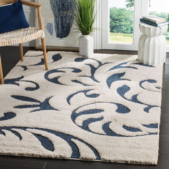 SAFAVIEH Florida Lavonne Floral Plush Shag Area Rug, Cream/Blue, 6'7" x 6'7" Square