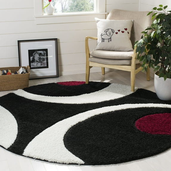 SAFAVIEH Florida Mirabelle Geometric Shag Area Rug, Black/Ivory, 4' x 4' Round
