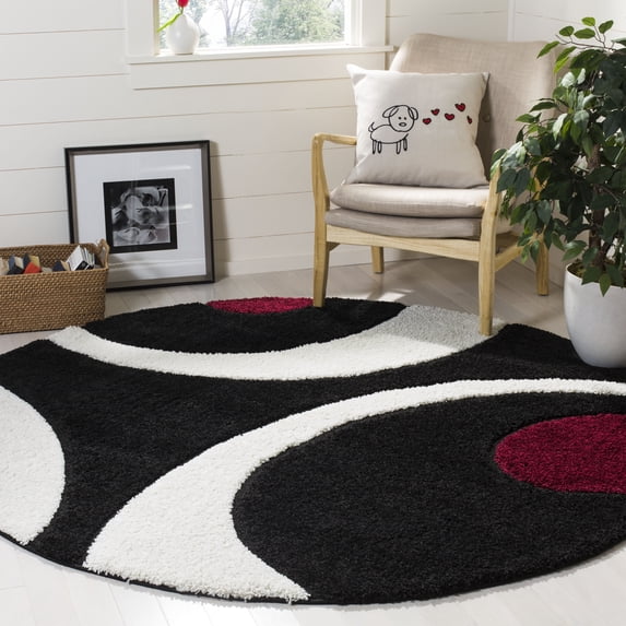 SAFAVIEH Florida Mirabelle Geometric Shag Area Rug, Black/Ivory, 6'7" x 6'7" Round