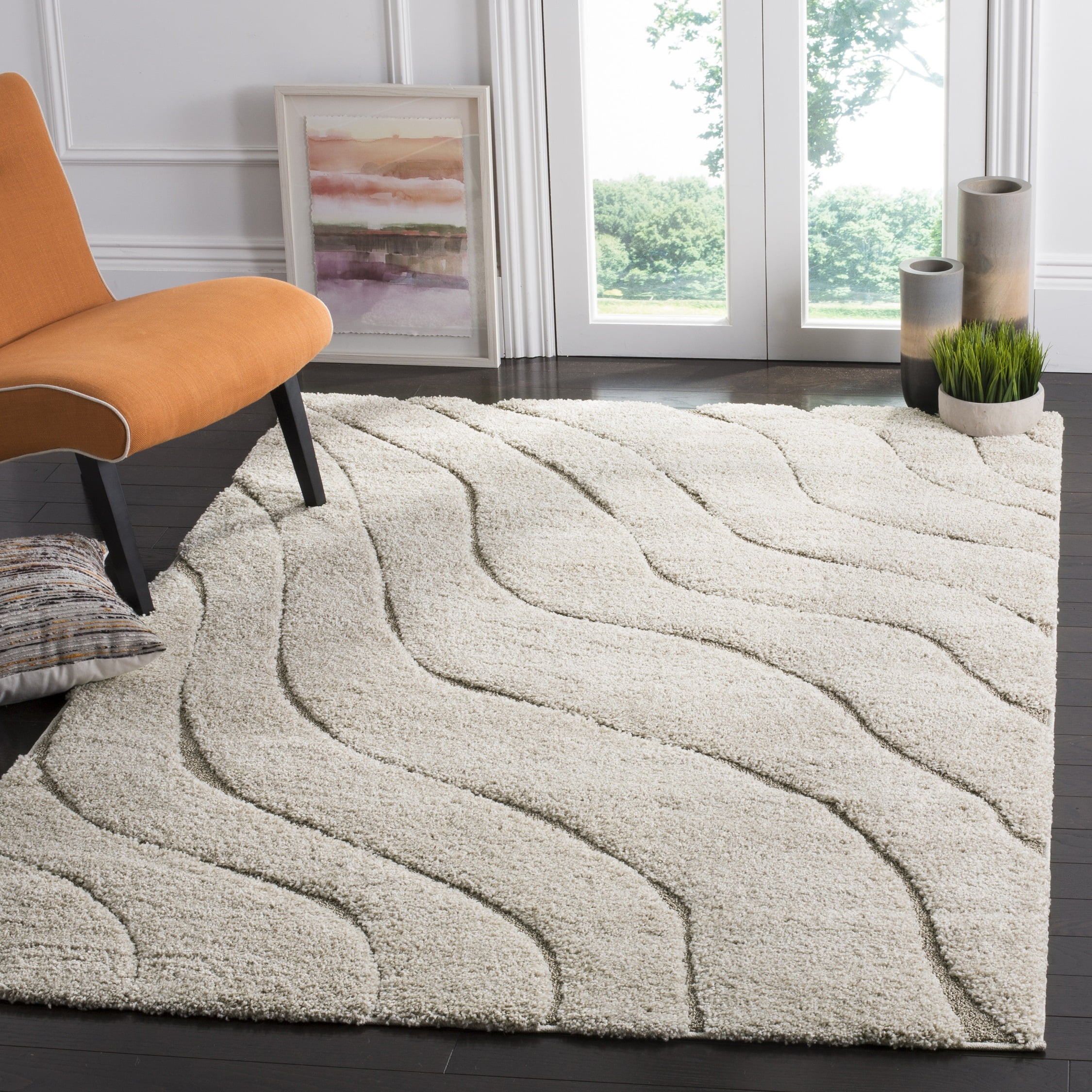 Plush Cream Beige Synthetic Shag Area Rug 3'3" x 5'3"