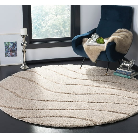 SAFAVIEH Florida Tabitha Geometric Waves Shag Area Rug, Cream/Beige, 5' x 5' Round