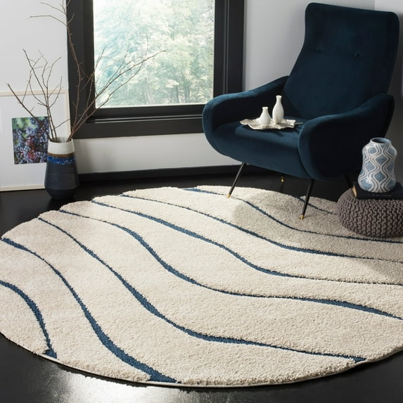 SAFAVIEH Florida Tabitha Geometric Waves Shag Area Rug, Cream/Blue, 4' x 4' Round