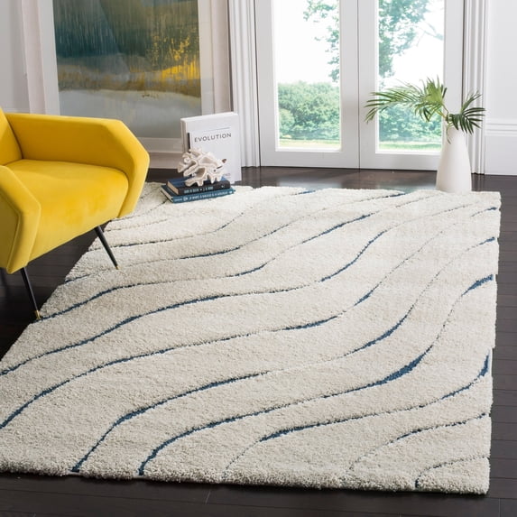 SAFAVIEH Florida Tabitha Geometric Waves Shag Area Rug, Cream/Blue, 8'6" x 12'
