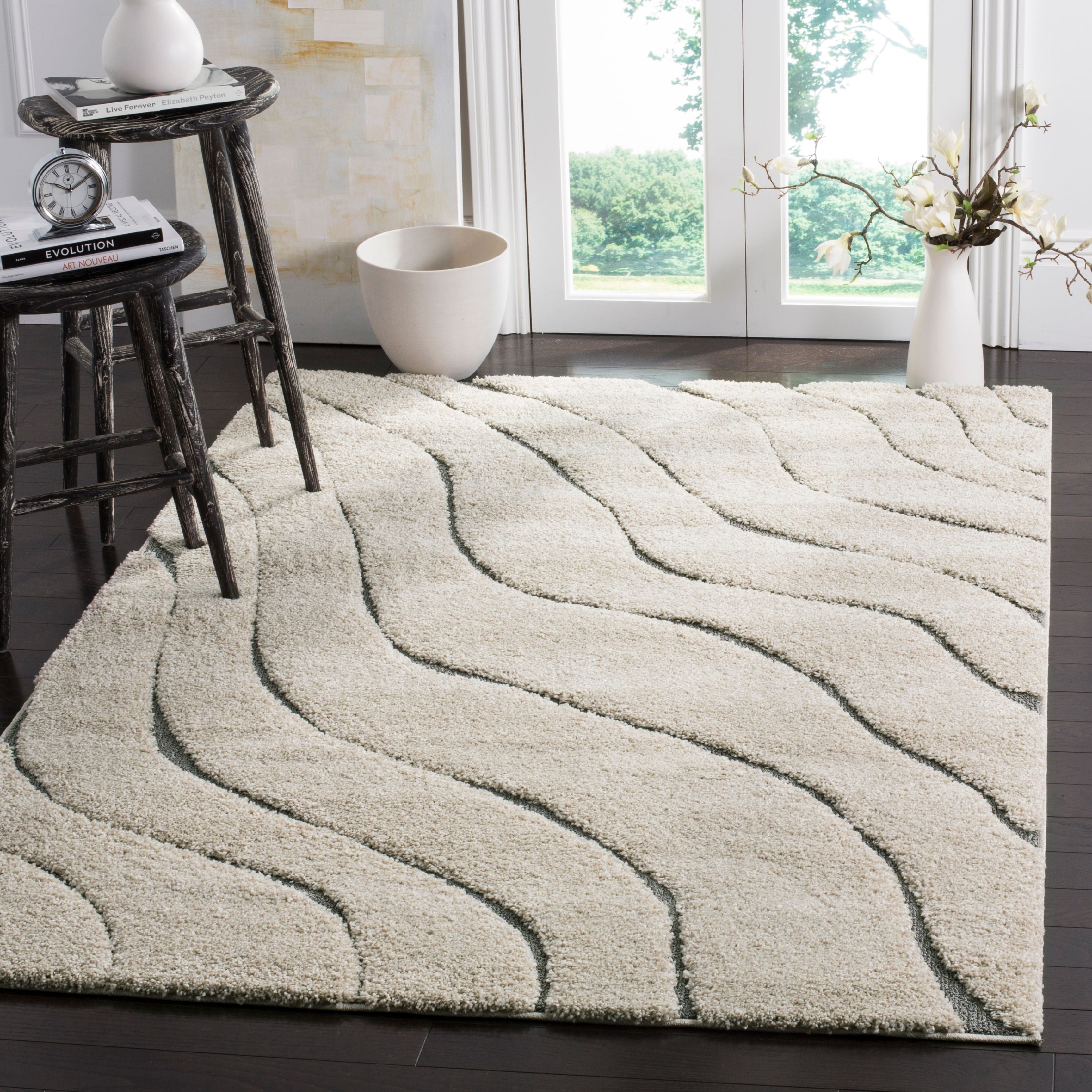SAFAVIEH Florida Tabitha Geometric Waves Shag Area Rug, Cream/Grey, 8' x 10'