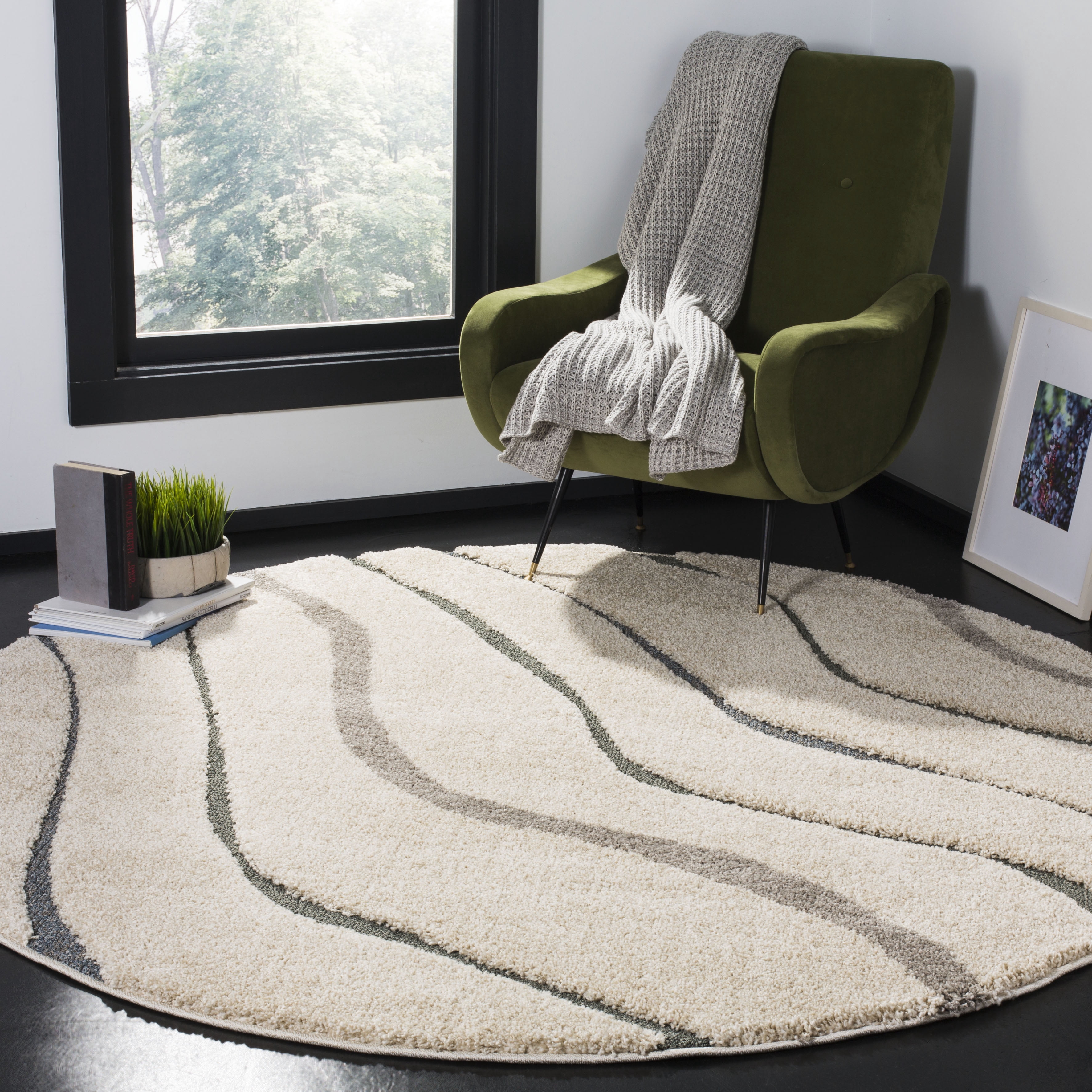 SAFAVIEH Florida Tabitha Geometric Waves Shag Area Rug, Cream/Light Blue, 6'7" Round