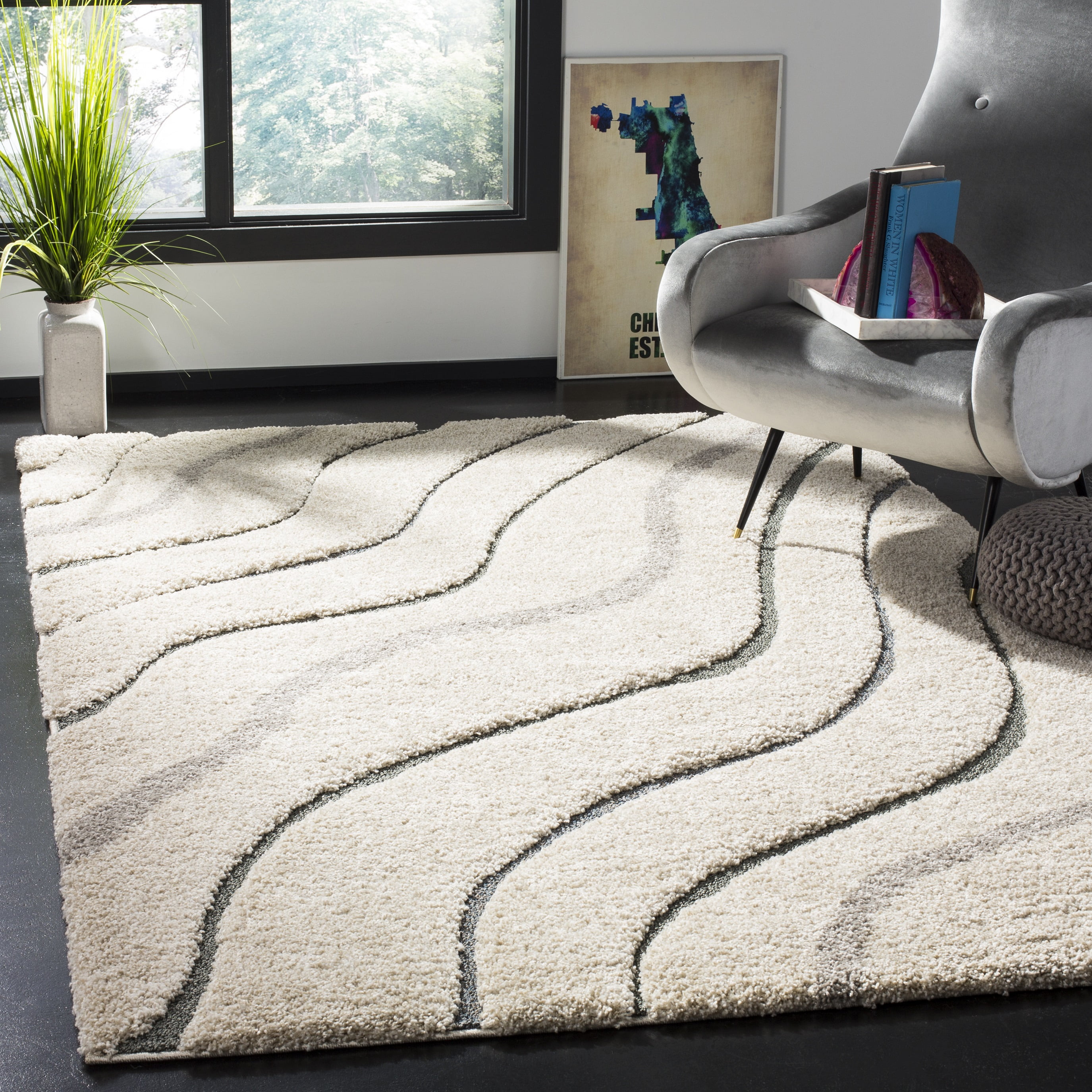 SAFAVIEH Florida Tabitha Geometric Waves Shag Area Rug, Cream/Light ...