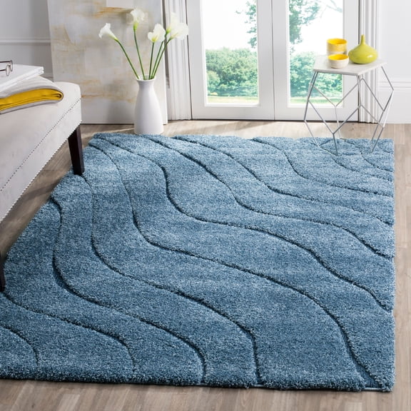 SAFAVIEH Florida Tabitha Geometric Waves Shag Area Rug, Light Blue/Blue, 9'6" x 13'