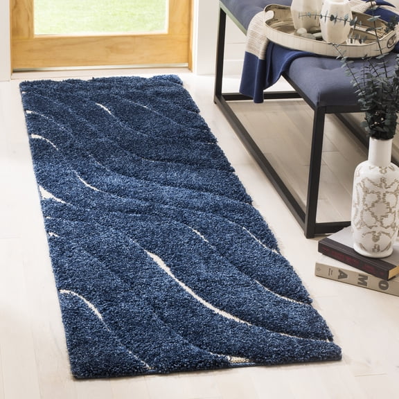 SAFAVIEH Florida Tabitha Geometric Waves Shag Runner Rug, Dark Blue/Cream, 2'3" x 7'