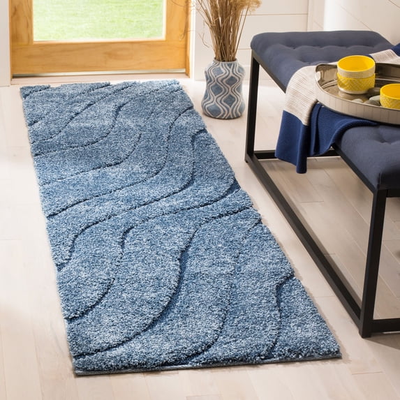 SAFAVIEH Florida Tabitha Geometric Waves Shag Runner Rug, Light Blue/Blue, 2'3" x 9'
