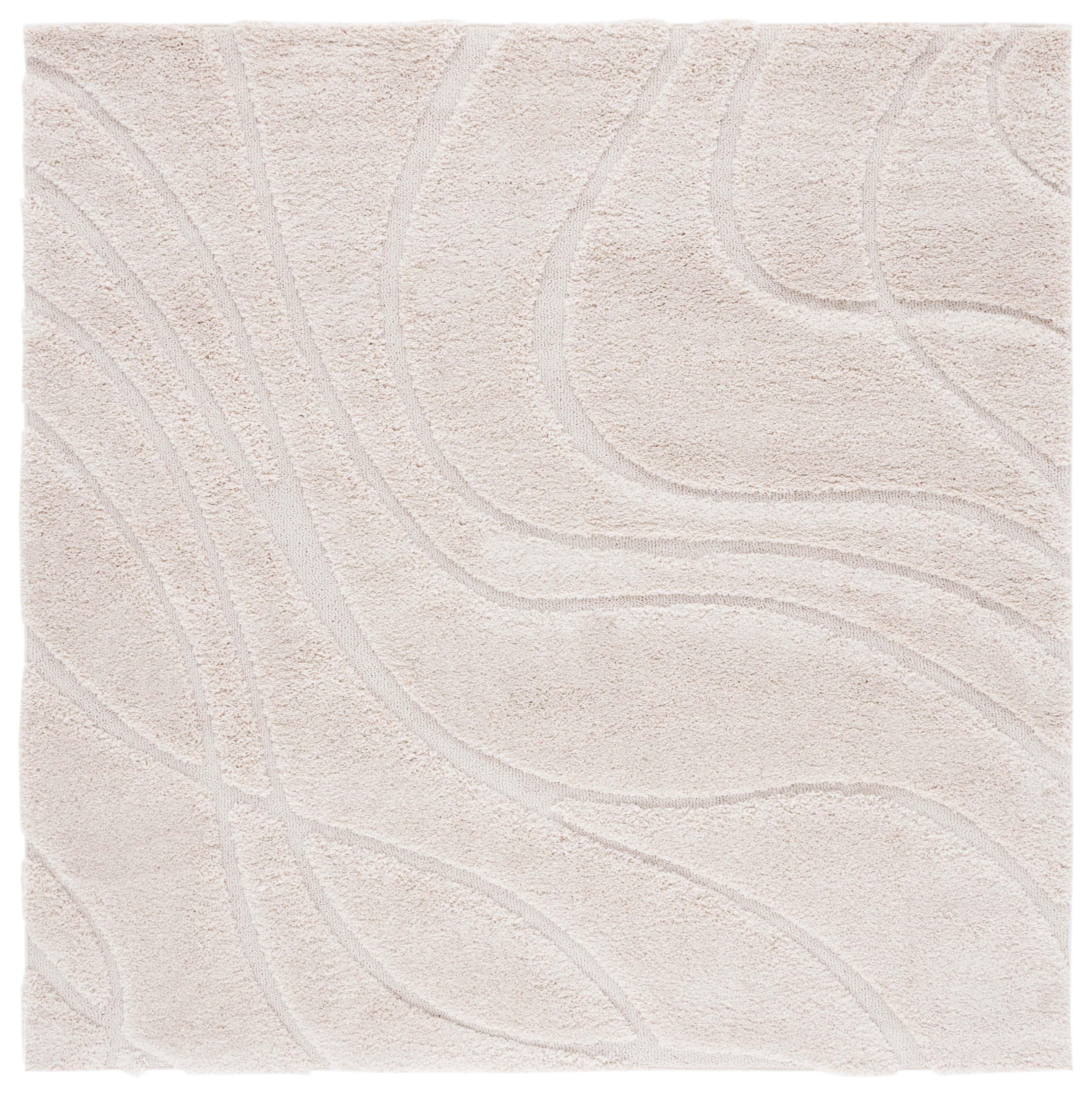 Creme Square Synthetic Shag Area Rug with Abstract Wave Pattern