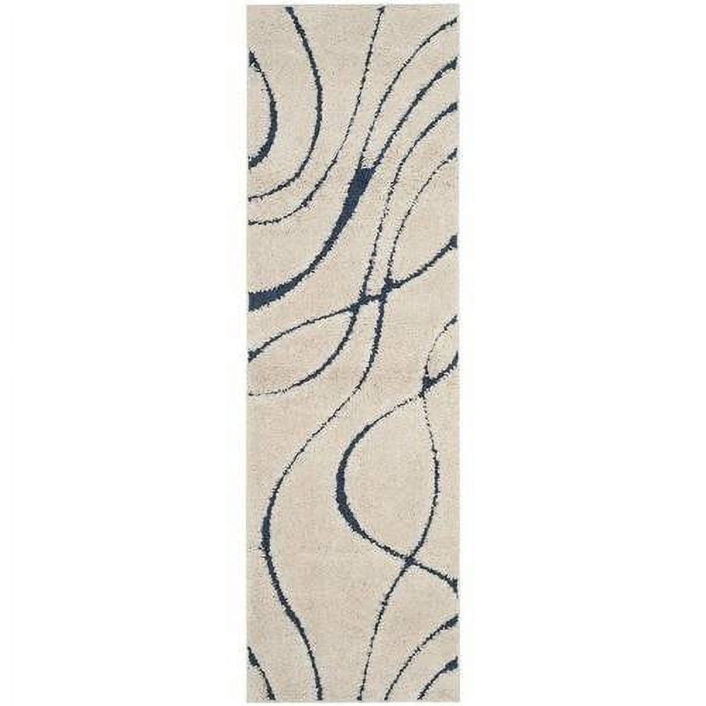 Cream and Blue Round Hand-Knotted Shag Area Rug