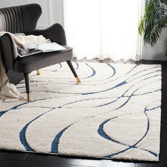 SAFAVIEH Florida Tamzen Abstract Shag Area Rug, Cream/Blue, 5'3" x 7'6"