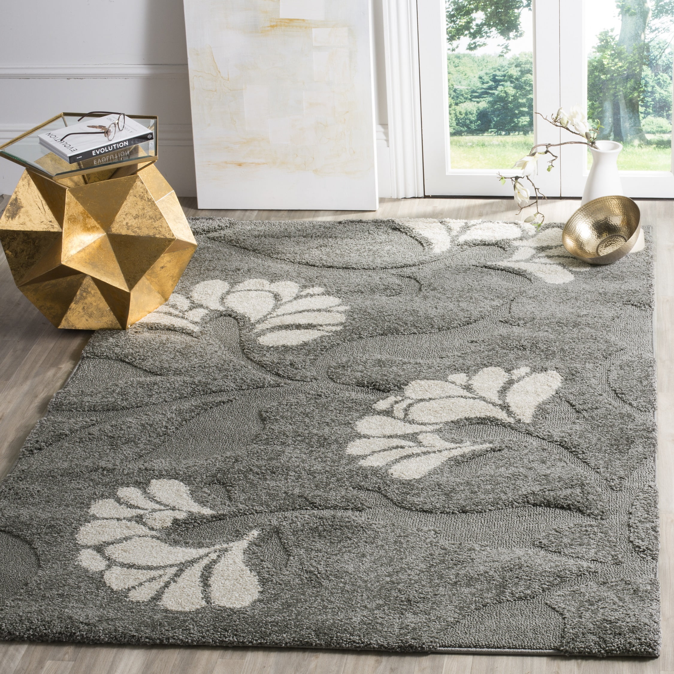 Grey and Beige Floral Shag Synthetic Area Rug