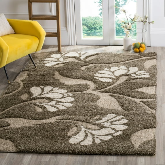 SAFAVIEH Florida Teodor Floral Shag Area Rug, Smoke/Beige, 4' x 4' Square