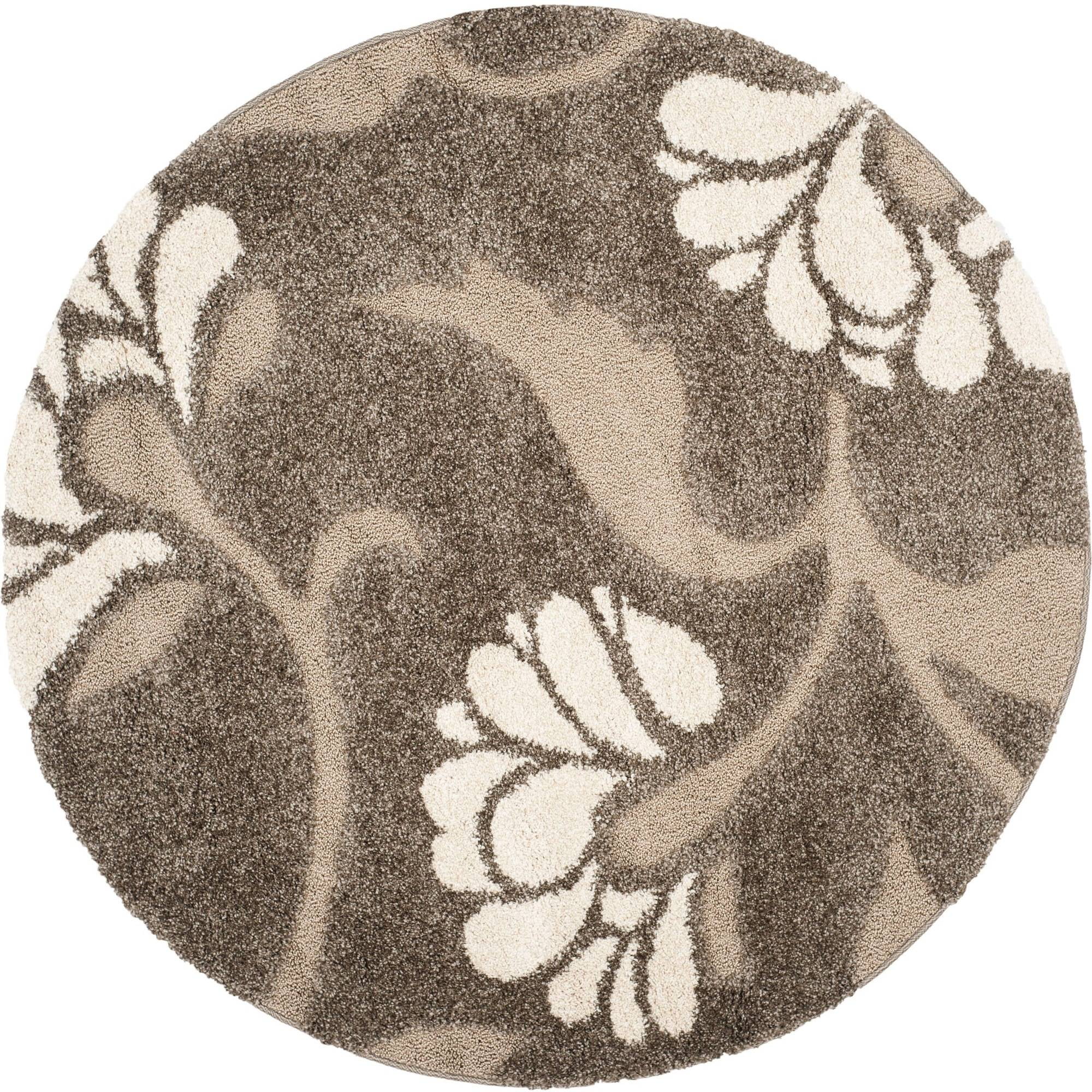 Sculpted Smoke and Beige Floral Shag Round Rug, Hand-Knotted