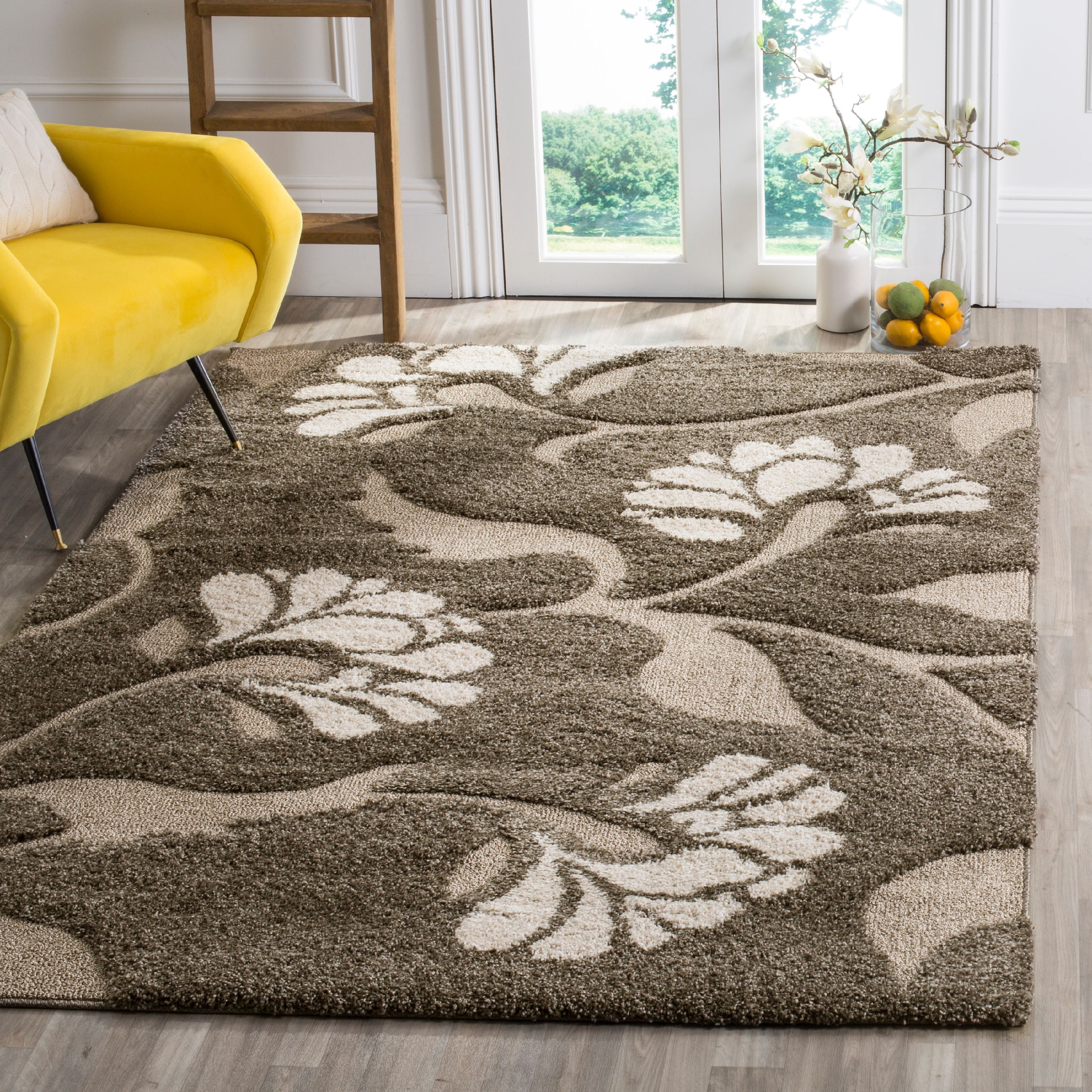 SAFAVIEH Florida Teodor Floral Shag Area Rug, Smoke/Beige, 6' x 9'