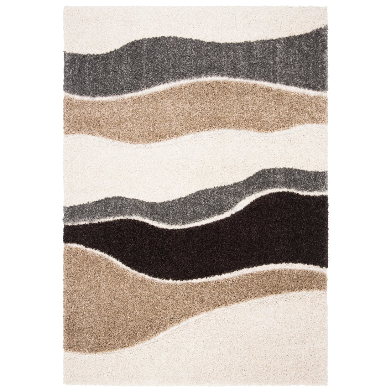 Ivory and Grey Shag Runner Rug with Wave Pattern
