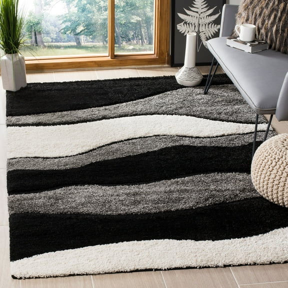 SAFAVIEH Florida Tyler Geometric Waves Shag Area Rug, Grey/Black, 8' x 10'