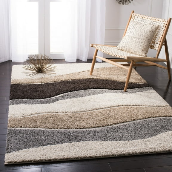 SAFAVIEH Florida Tyler Geometric Waves Shag Area Rug, Ivory/Grey, 6' x 9'
