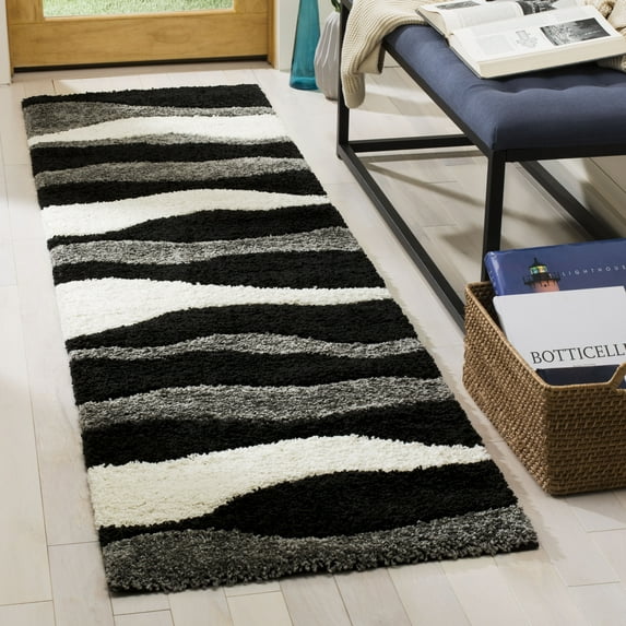 SAFAVIEH Florida Tyler Geometric Waves Shag Runner Rug, Grey/Black, 2'3" x 11'