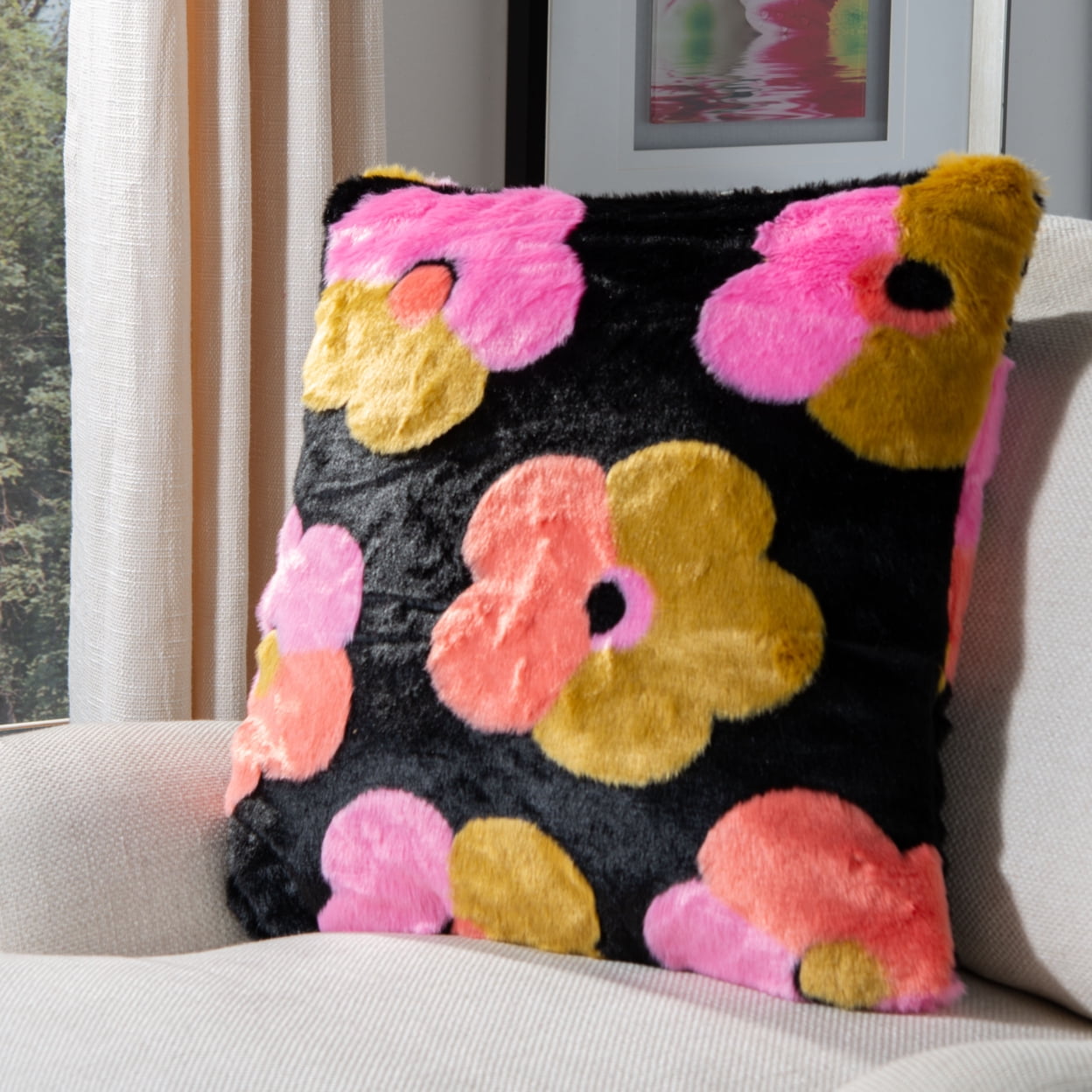 Multicolor Floral Faux Fur Square Kids Throw Pillow