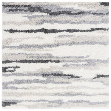 SAFAVIEH Fontana Damjana Striped Shag Area Rug, Ivory/Grey, 4' x 4' Square