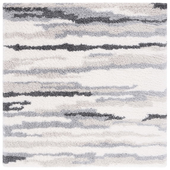 SAFAVIEH Fontana Damjana Striped Shag Area Rug, Ivory/Grey, 4' x 4' Square